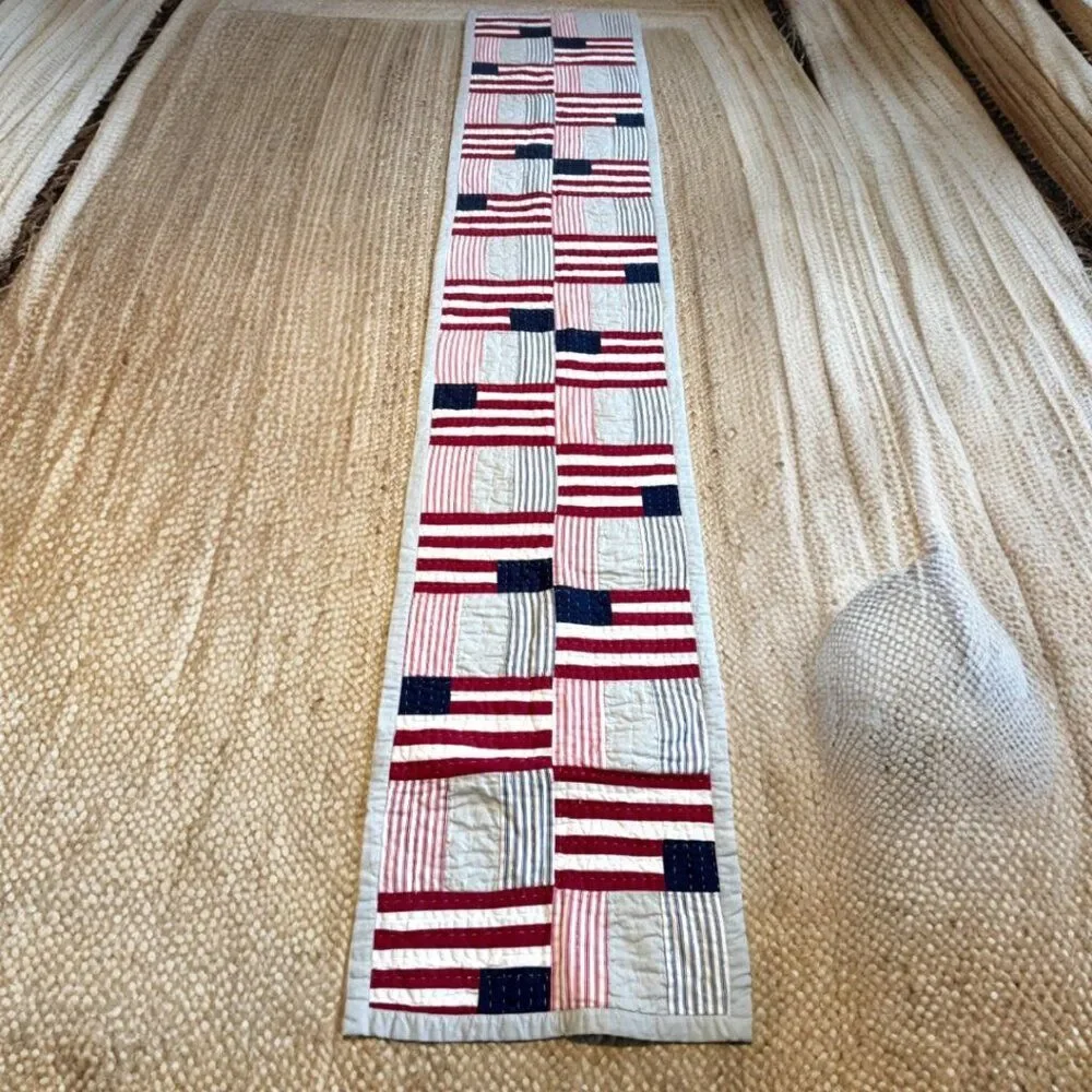 Pottery Barn Quilted Table Runner U.S. Flag 93 x 18 Red White & Blue Reversible